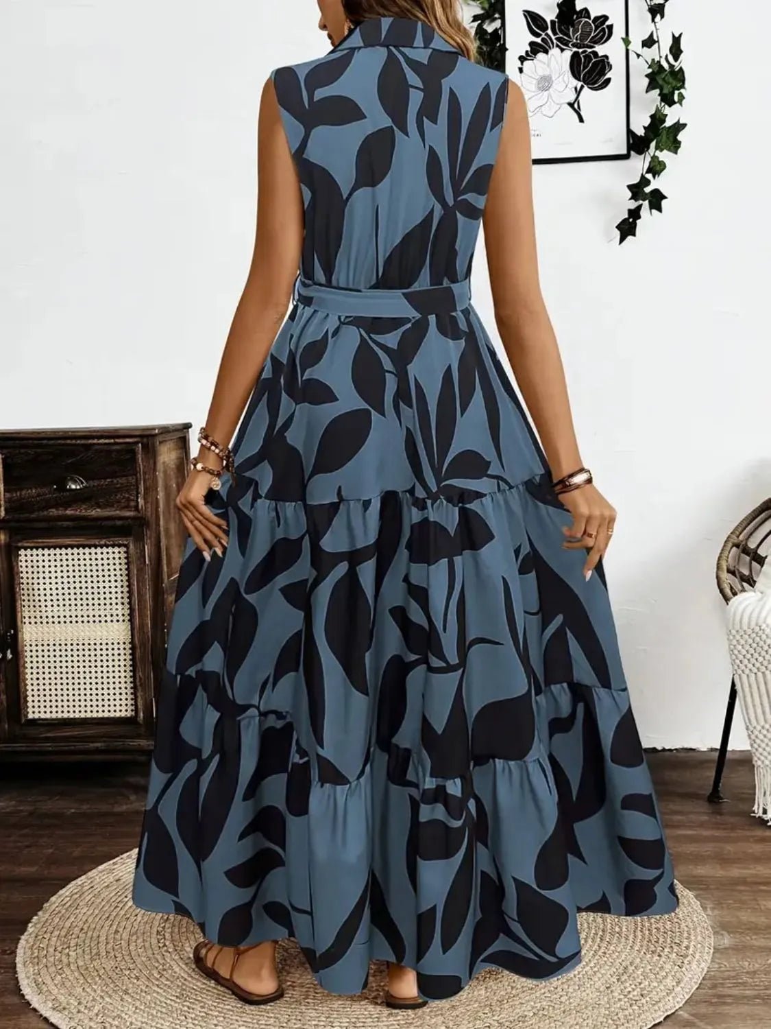 Printed Tie Waist Sleeveless Maxi Dress - adritiX