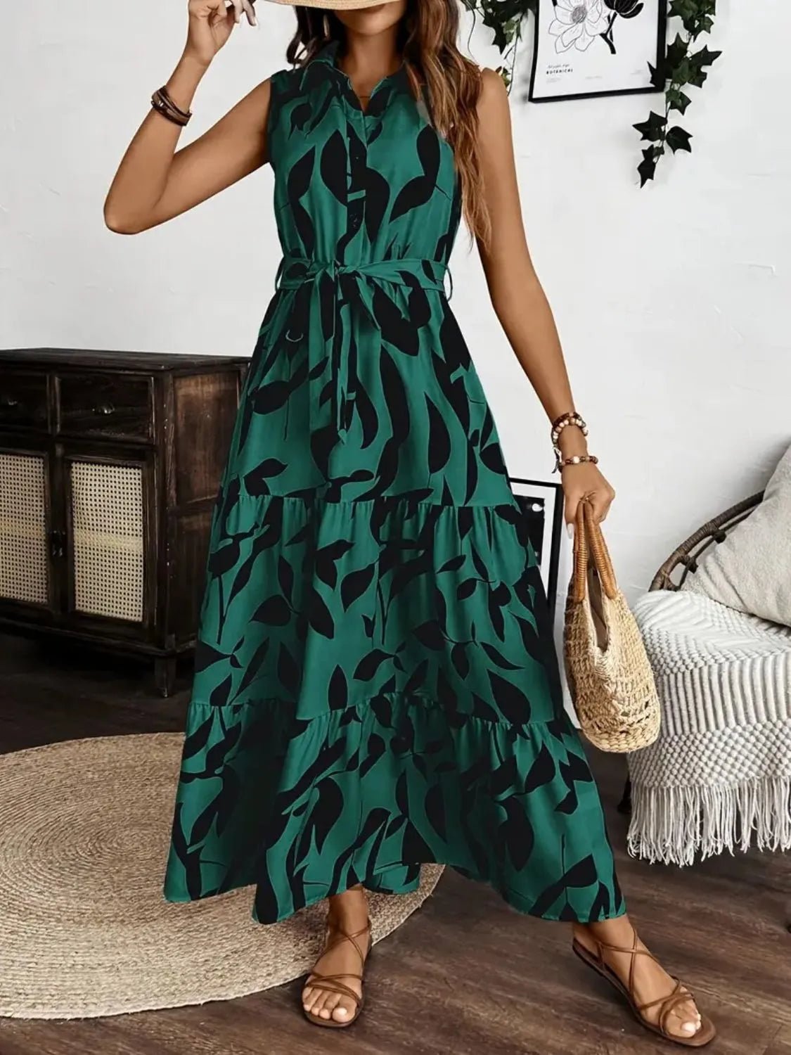 Printed Tie Waist Sleeveless Maxi Dress - adritiX