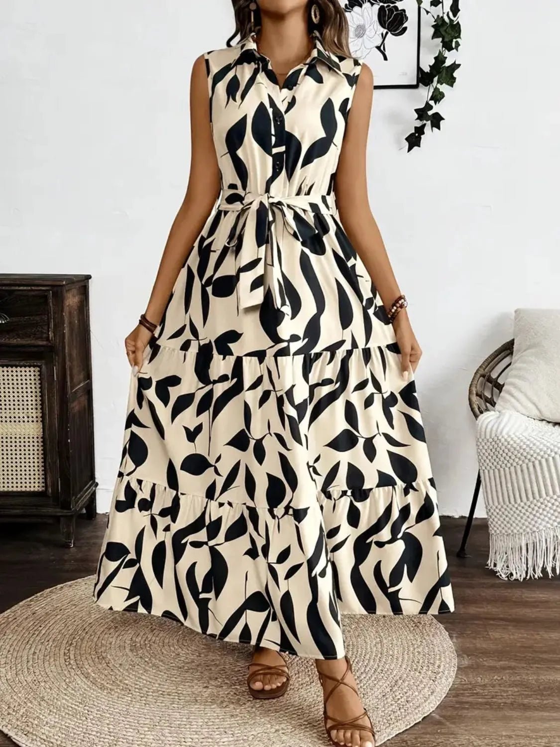 Printed Tie Waist Sleeveless Maxi Dress - adritiX