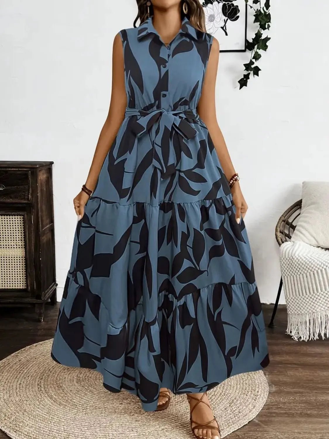 Printed Tie Waist Sleeveless Maxi Dress - adritiX
