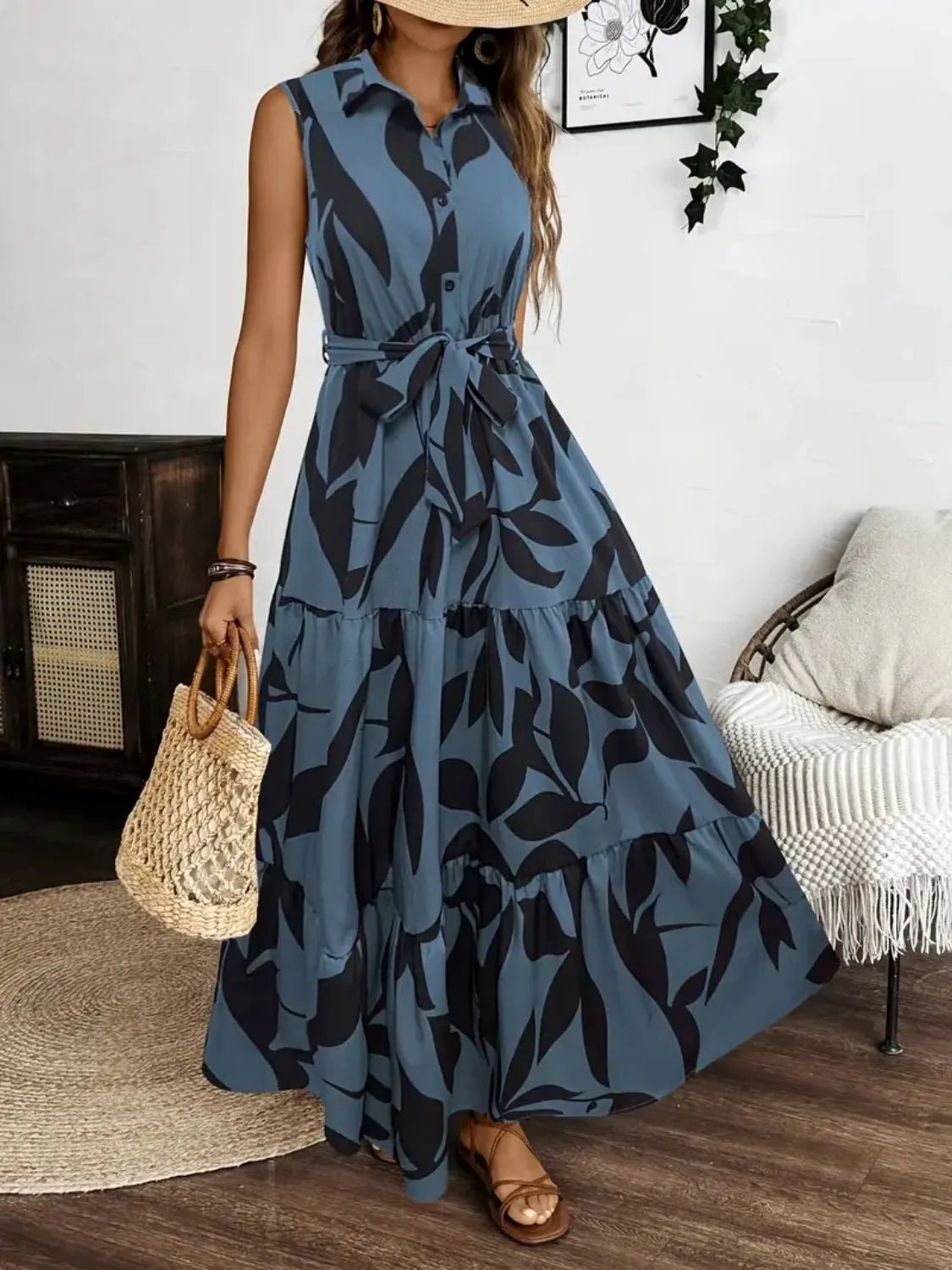 Printed Tie Waist Sleeveless Maxi Dress - adritiX