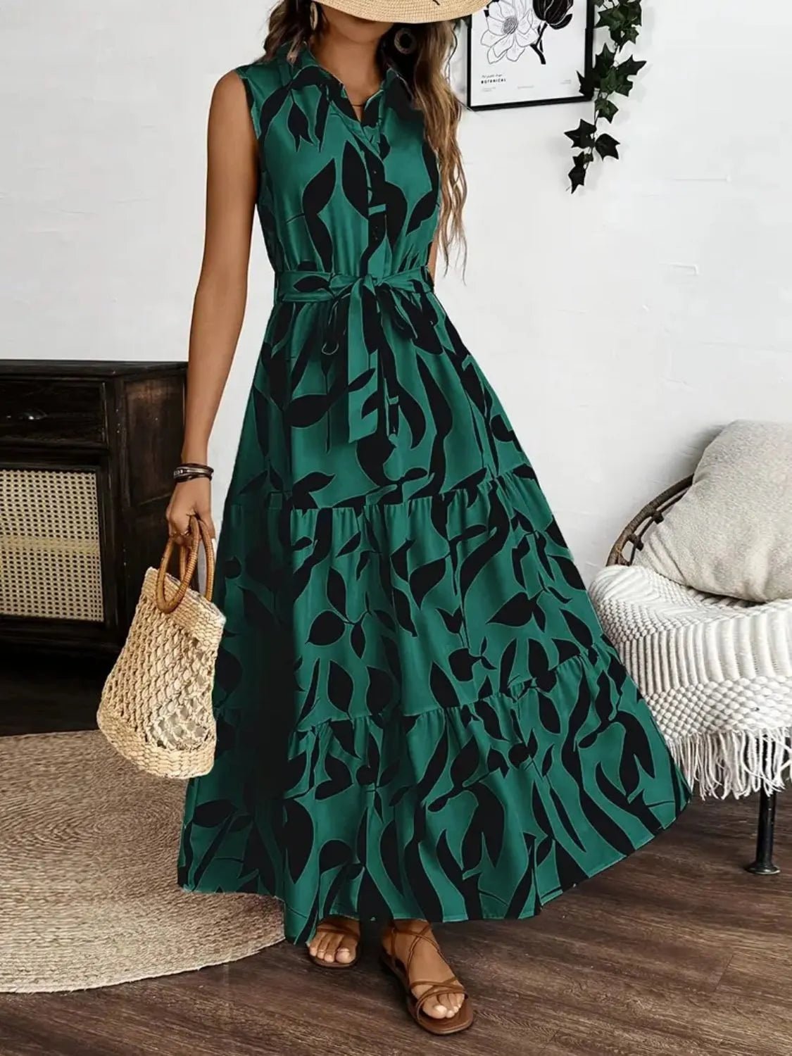 Printed Tie Waist Sleeveless Maxi Dress - adritiX