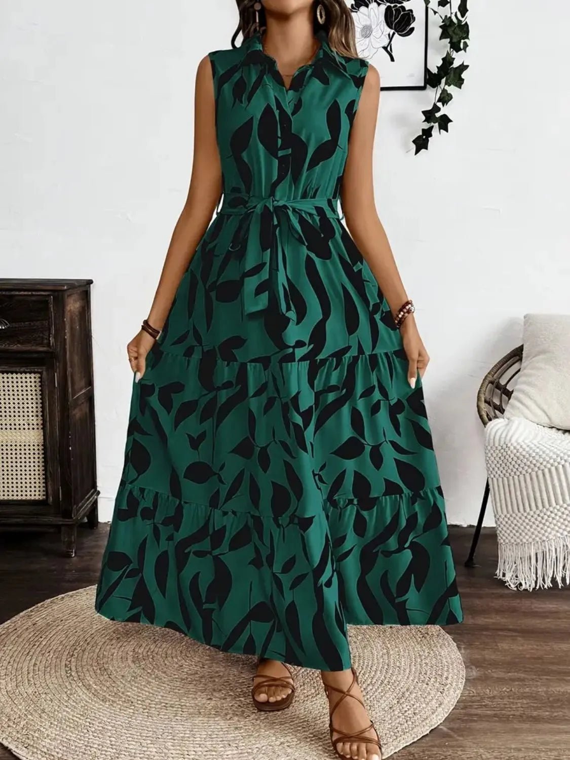 Printed Tie Waist Sleeveless Maxi Dress - adritiX