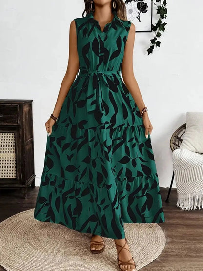 Printed Tie Waist Sleeveless Maxi Dress - adritiX