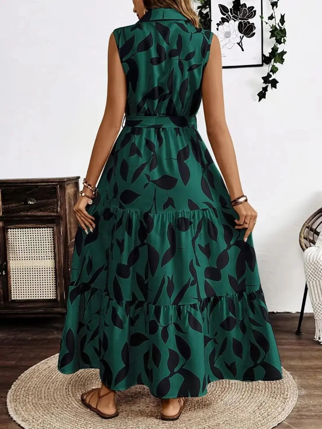 Printed Tie Waist Sleeveless Maxi Dress - adritiX