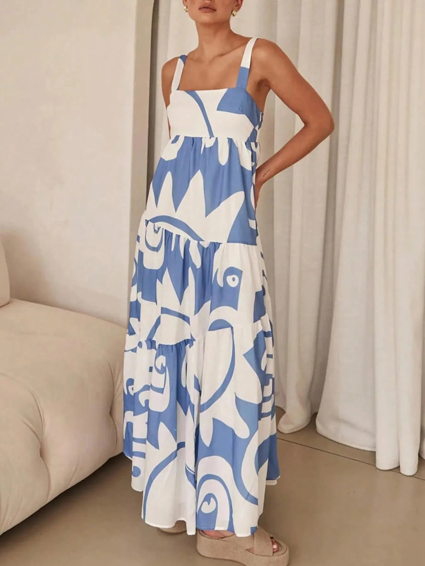 Printed Tiered Square Neck Maxi Dress - adritiX