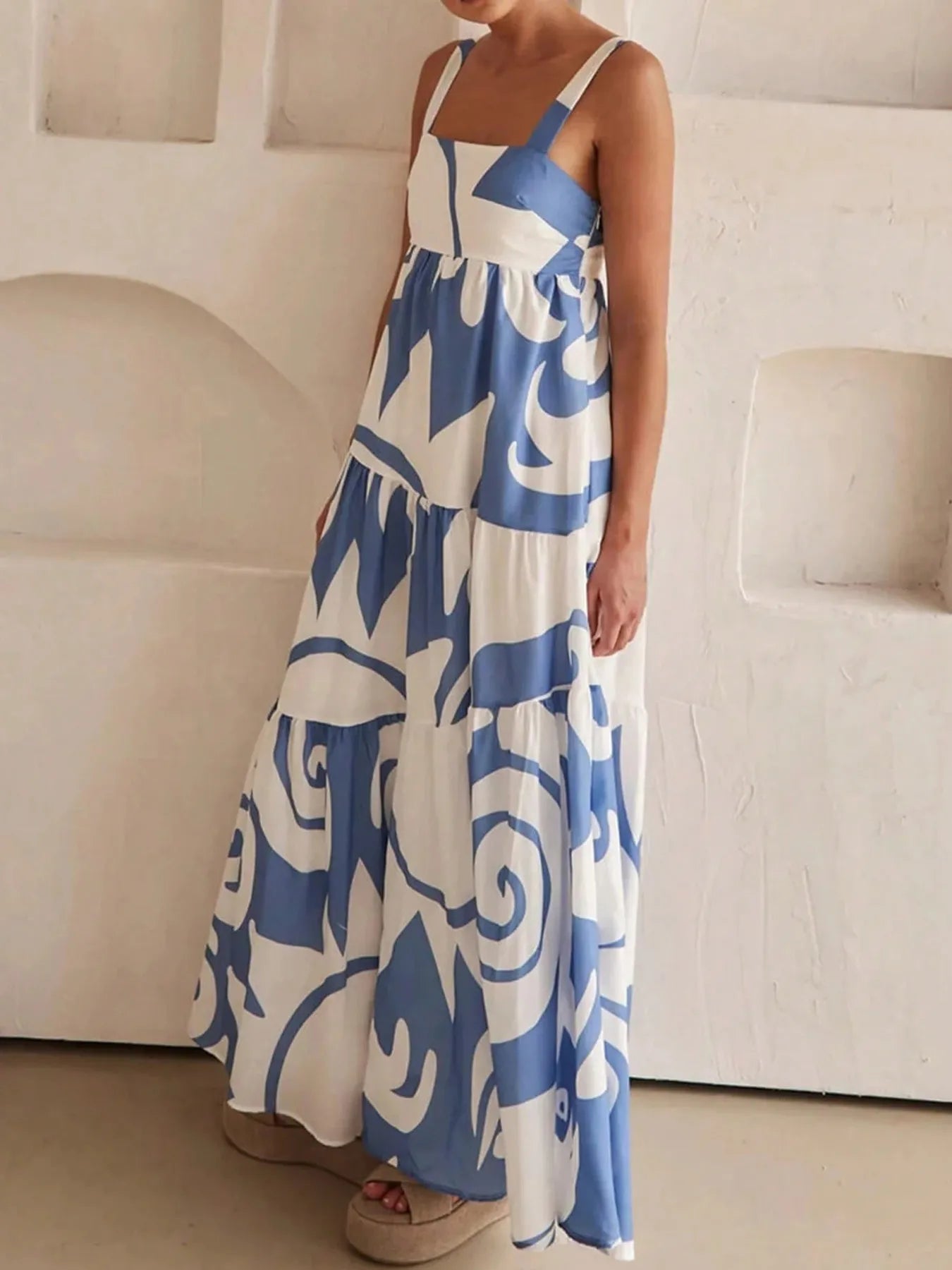 Printed Tiered Square Neck Maxi Dress - adritiX
