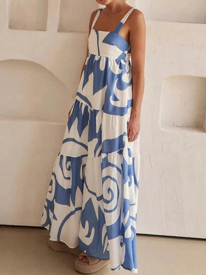 Printed Tiered Square Neck Maxi Dress - adritiX