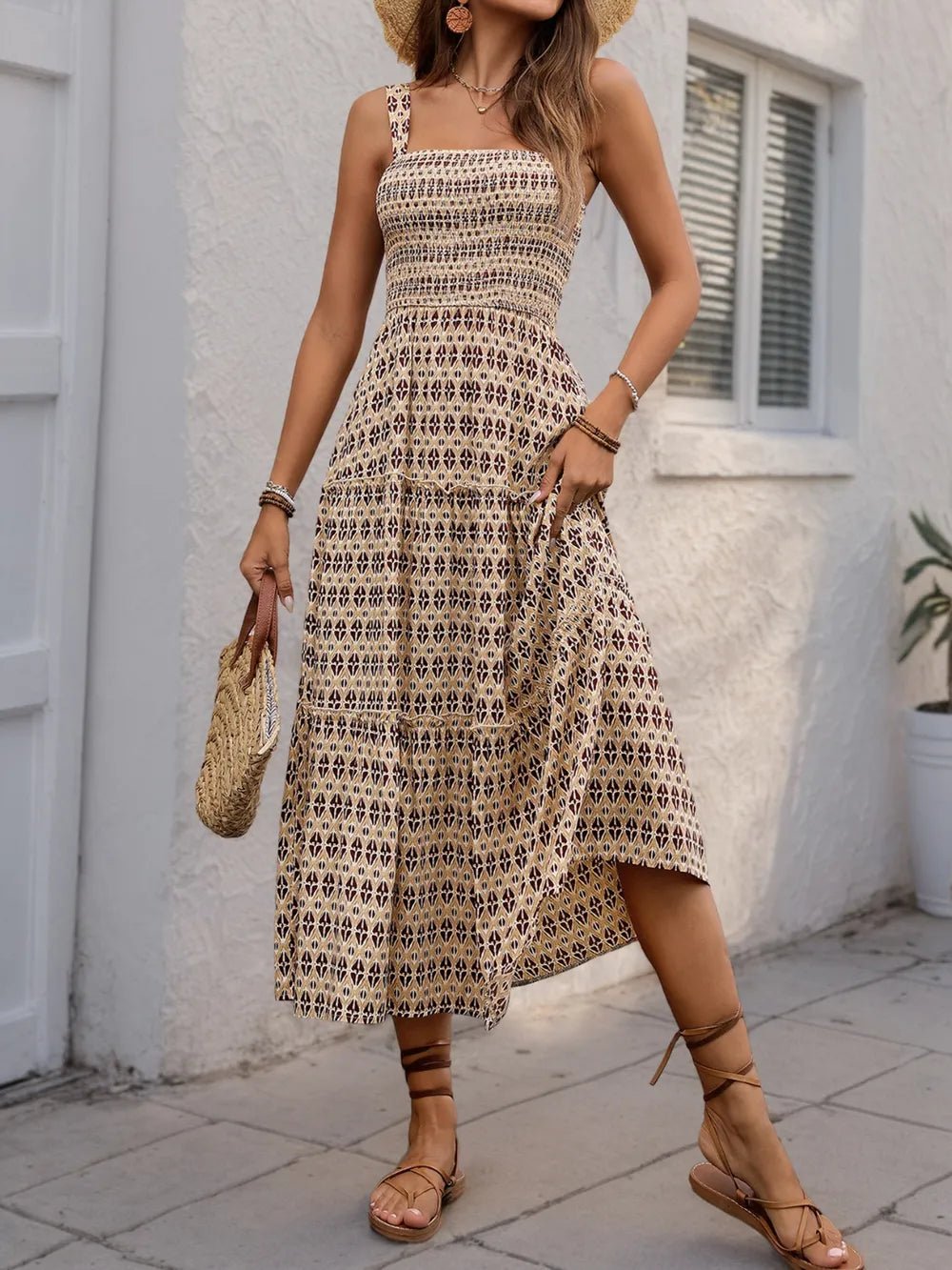 Printed Tiered Wide Strap Midi Dress - adritiX