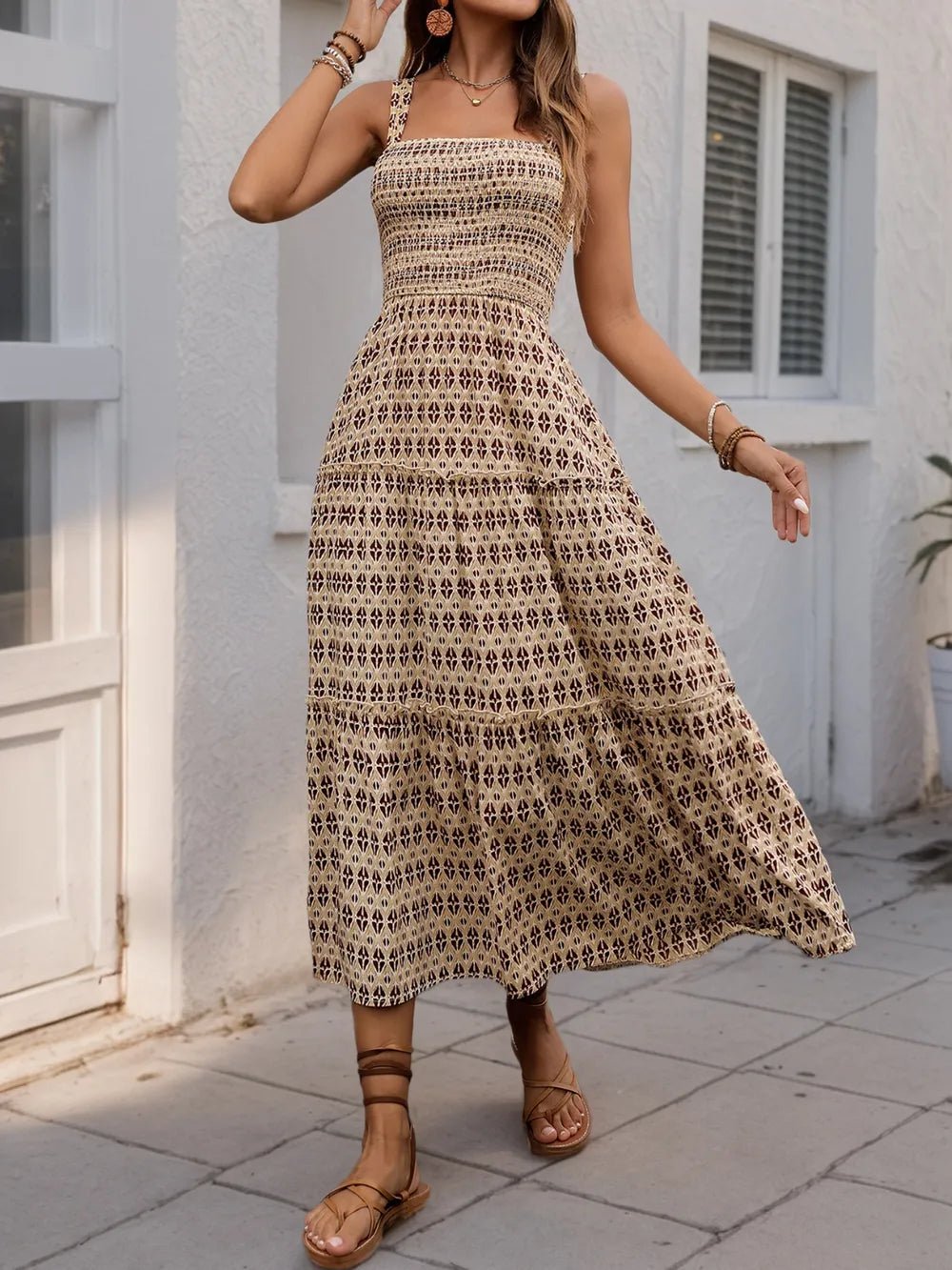Printed Tiered Wide Strap Midi Dress - adritiX