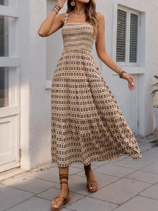 Printed Tiered Wide Strap Midi Dress - adritiX