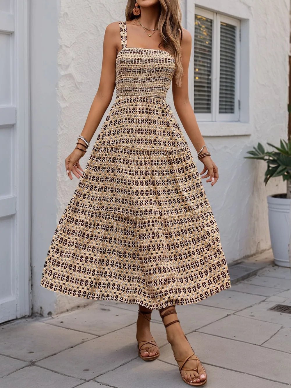 Printed Tiered Wide Strap Midi Dress - adritiX