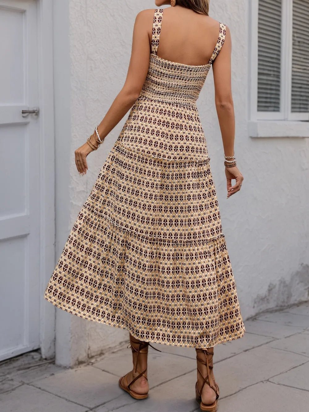Printed Tiered Wide Strap Midi Dress - adritiX