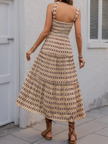 Printed Tiered Wide Strap Midi Dress - adritiX