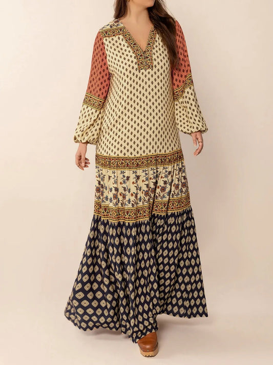 Printed V - Neck Balloon Sleeve Maxi Dress - adritiX