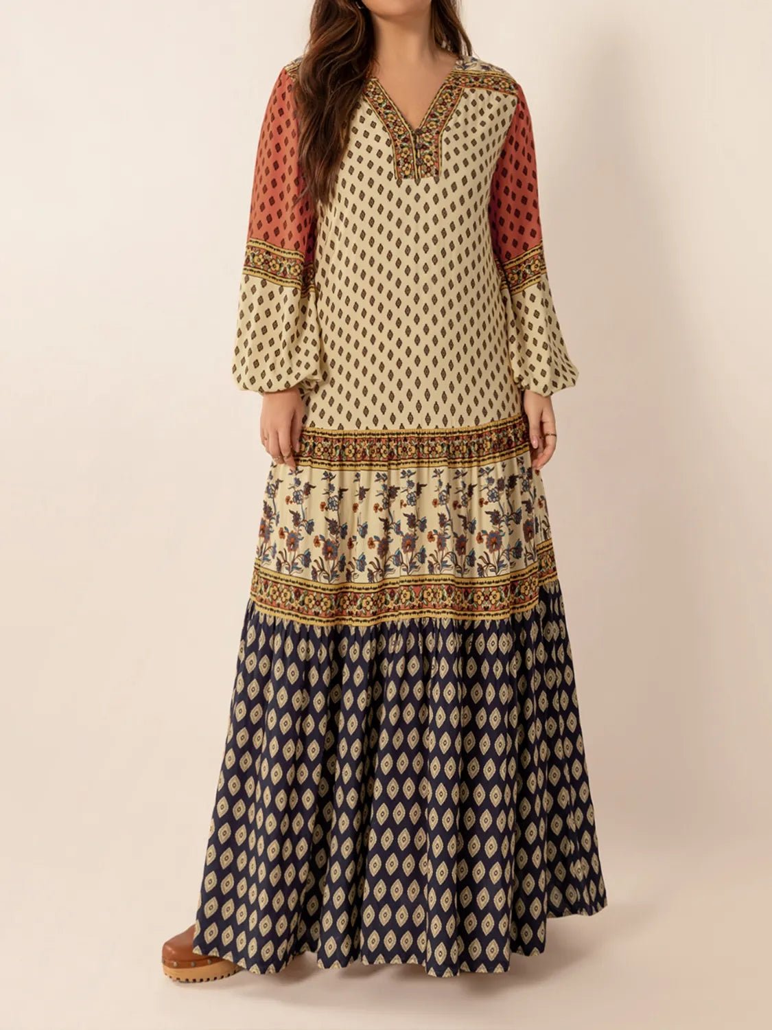 Printed V - Neck Balloon Sleeve Maxi Dress - adritiX