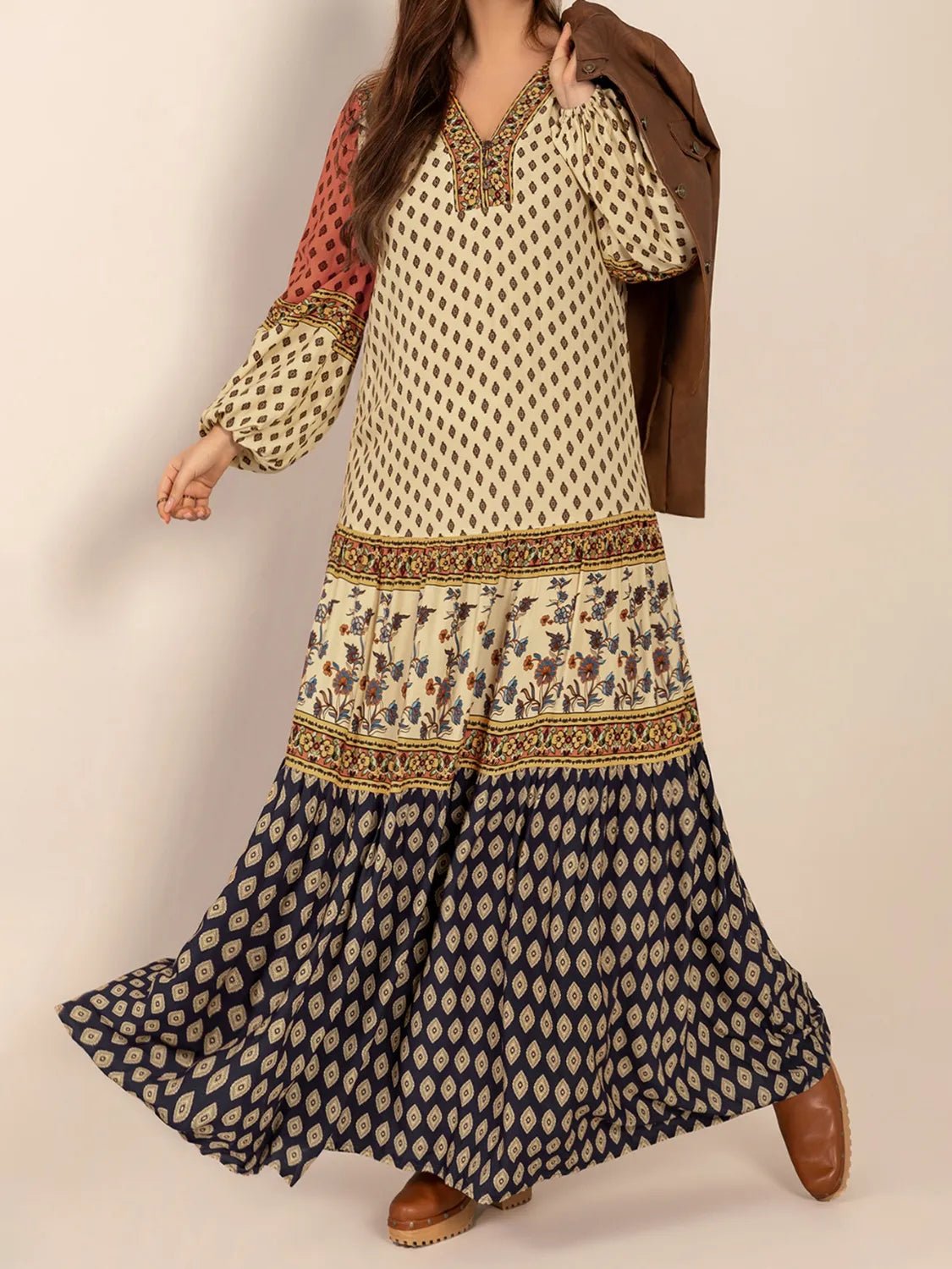 Printed V - Neck Balloon Sleeve Maxi Dress - adritiX
