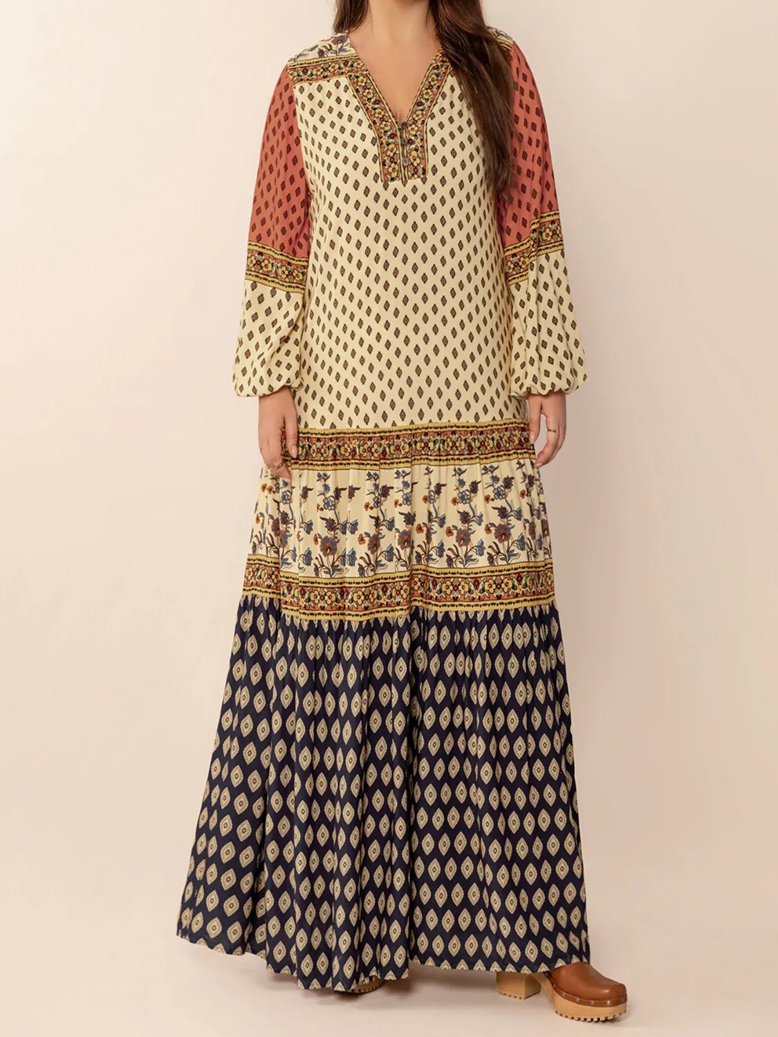 Printed V - Neck Balloon Sleeve Maxi Dress - adritiX