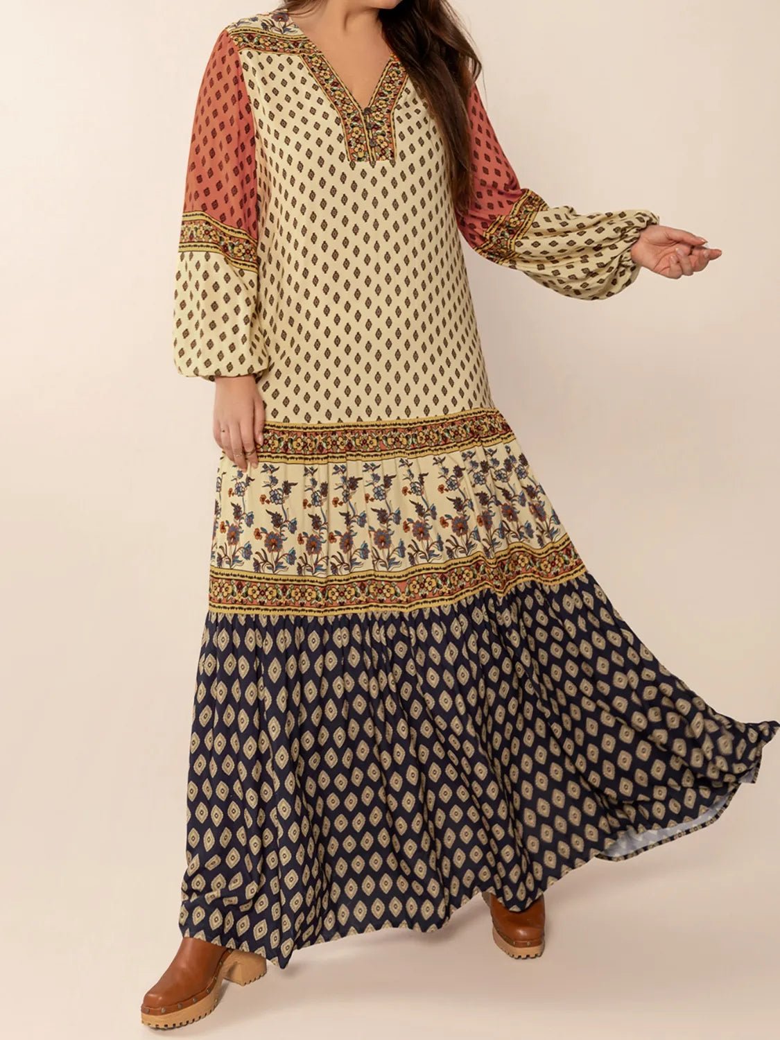 Printed V - Neck Balloon Sleeve Maxi Dress - adritiX