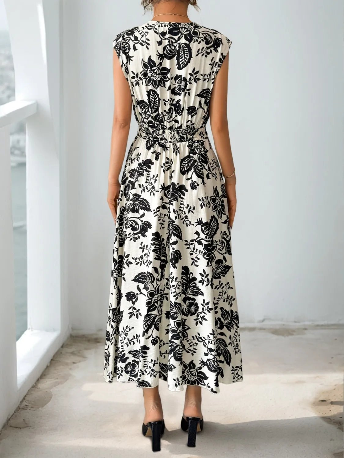 Printed V - Neck Cap Sleeve Dress - adritiX