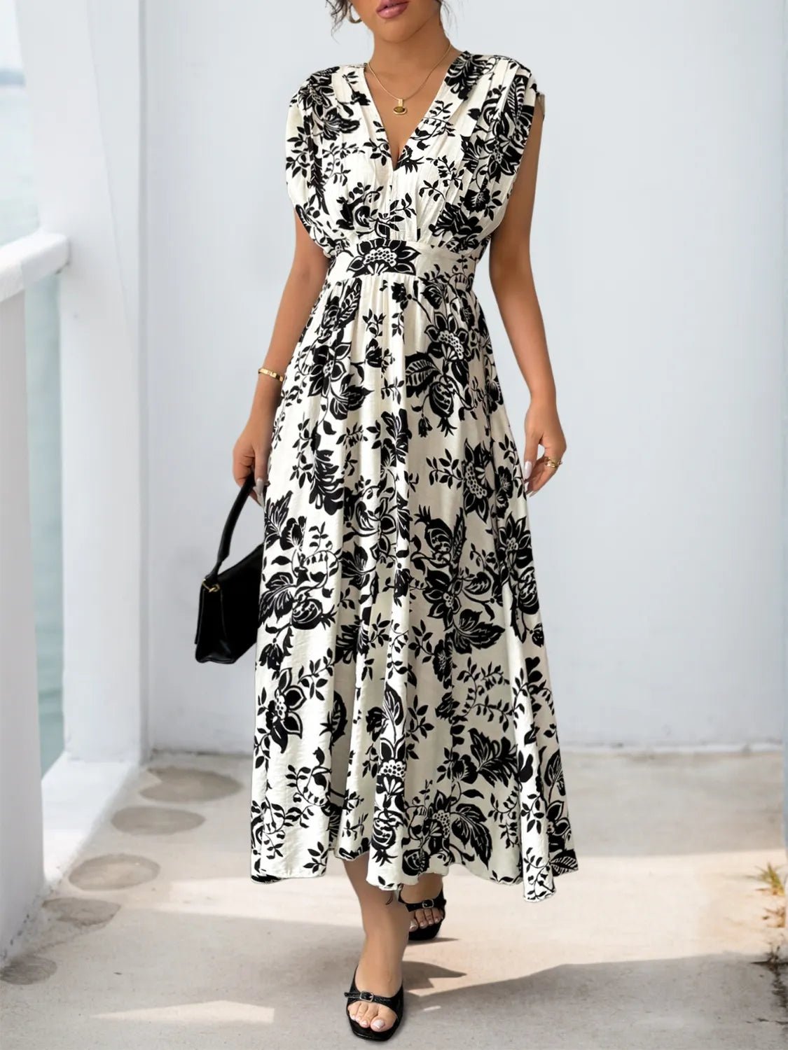 Printed V - Neck Cap Sleeve Dress - adritiX