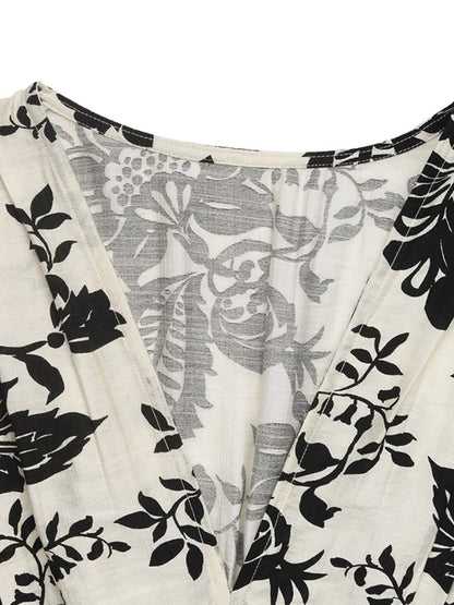 Printed V - Neck Cap Sleeve Dress - adritiX