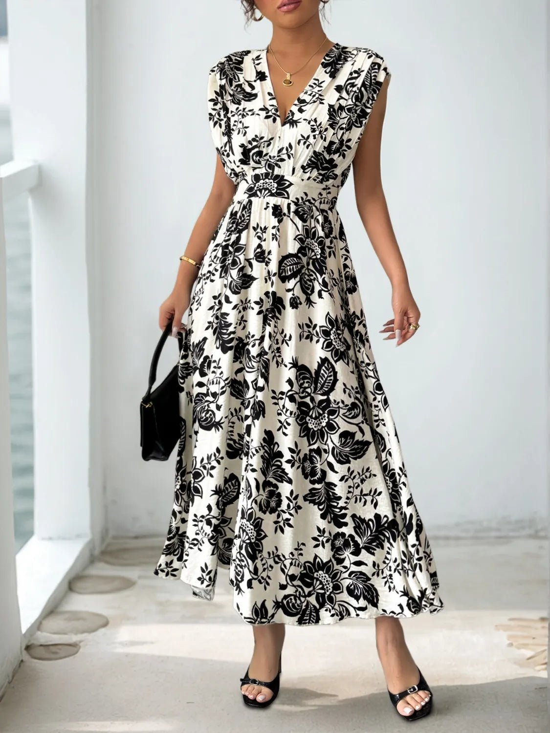 Printed V - Neck Cap Sleeve Dress - adritiX