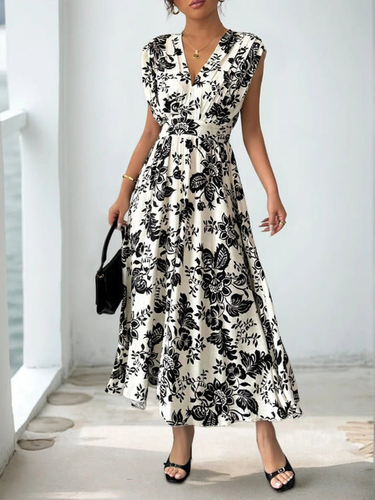 Printed V - Neck Cap Sleeve Dress - adritiX