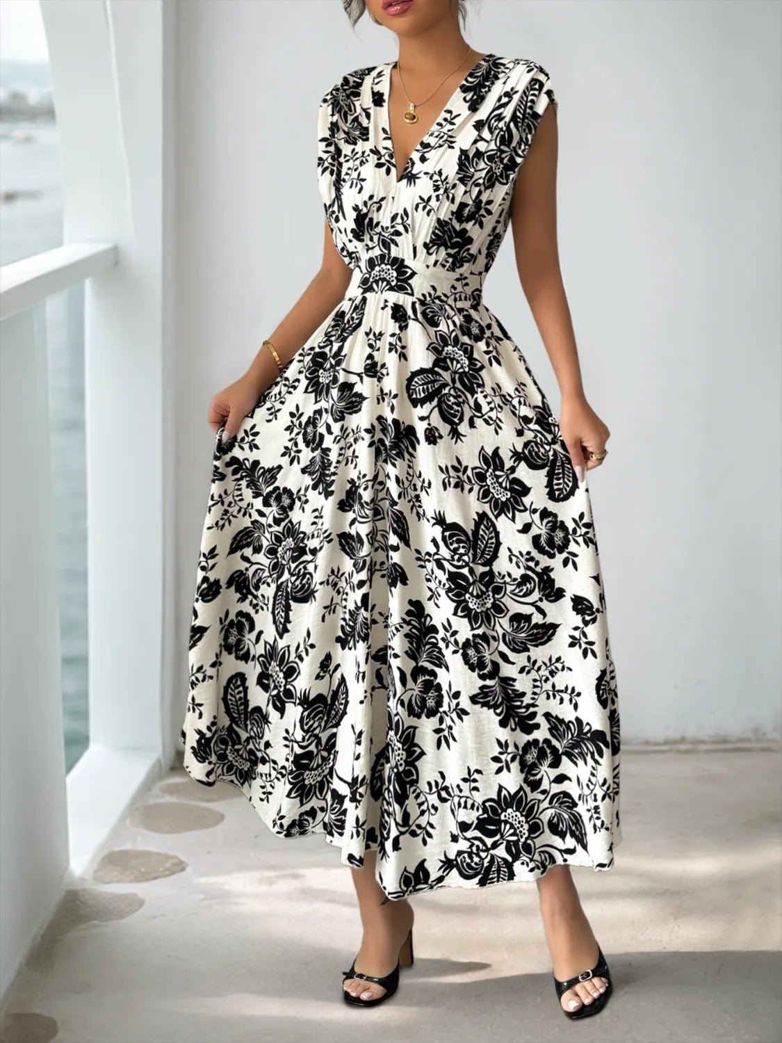 Printed V - Neck Cap Sleeve Dress - adritiX
