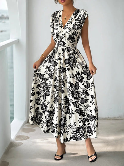 Printed V - Neck Cap Sleeve Dress - adritiX