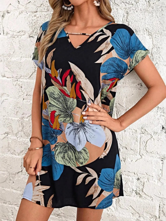 Printed V - Neck Short Sleeve Mini Dress - adritiX