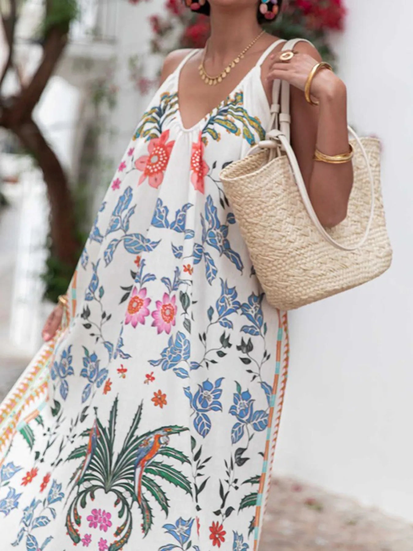 Printed V - neck Summer Maxi Dress - adritiX