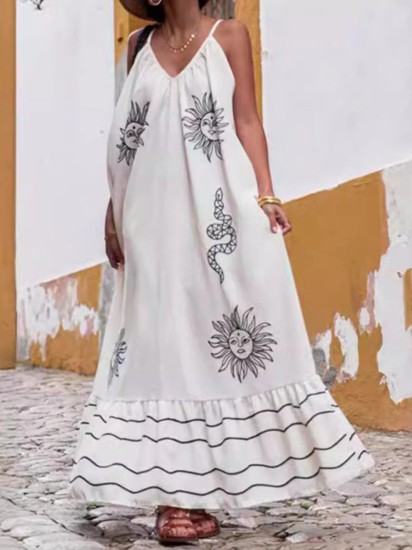 Printed V - neck Summer Maxi Dress - adritiX