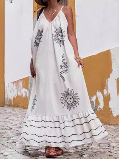 Printed V - neck Summer Maxi Dress - adritiX