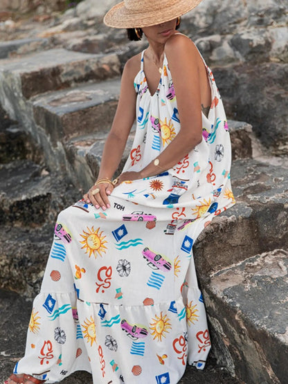 Printed V - neck Summer Maxi Dress - adritiX