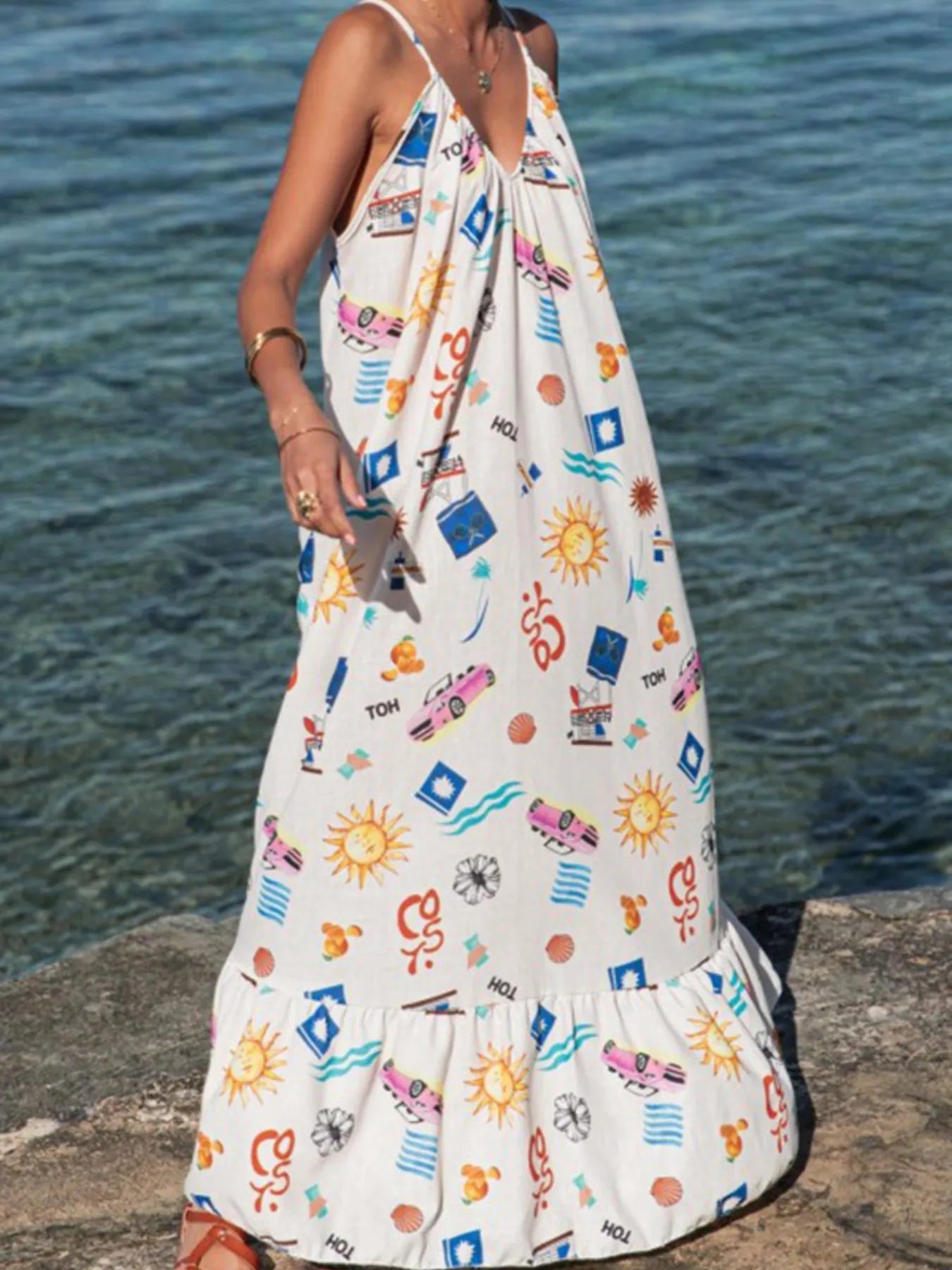 Printed V - neck Summer Maxi Dress - adritiX