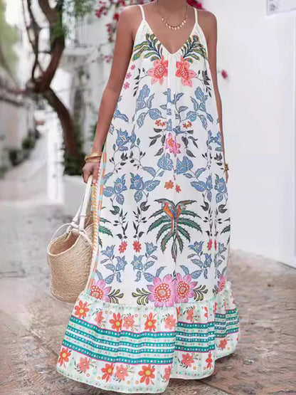 Printed V - neck Summer Maxi Dress - adritiX