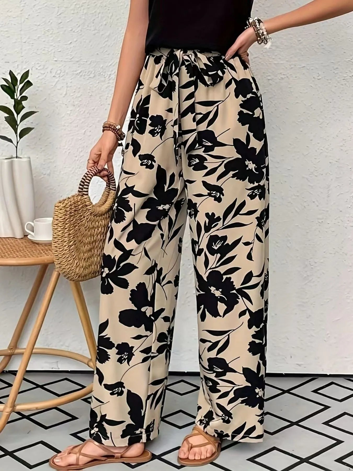 Printed Wide Leg Casual Pants - adritiX