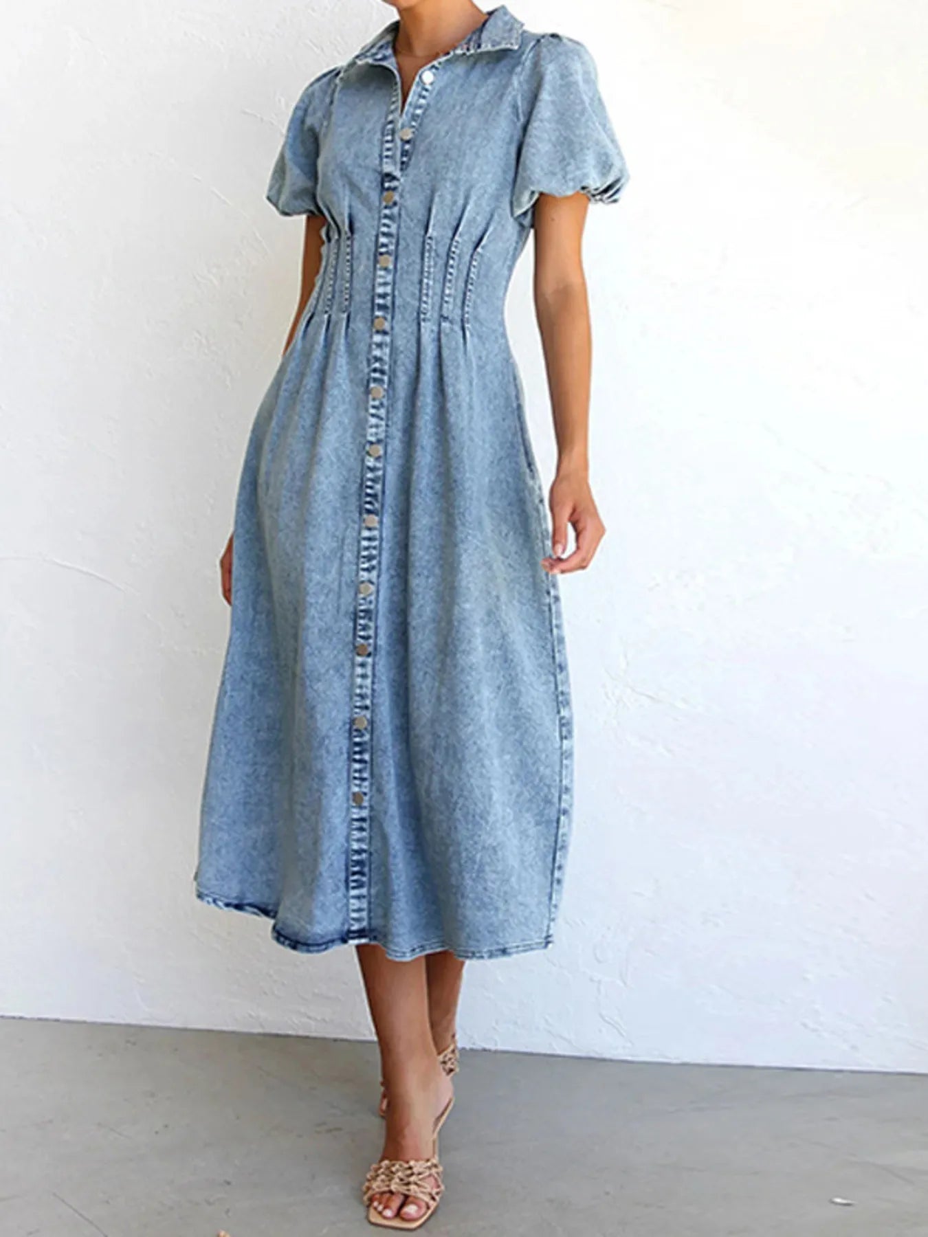 Puff Sleeve Button Front Denim Midi Dress - adritiX