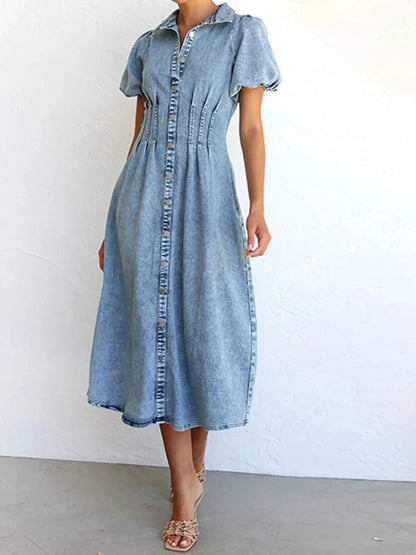 Puff Sleeve Button Front Denim Midi Dress - adritiX