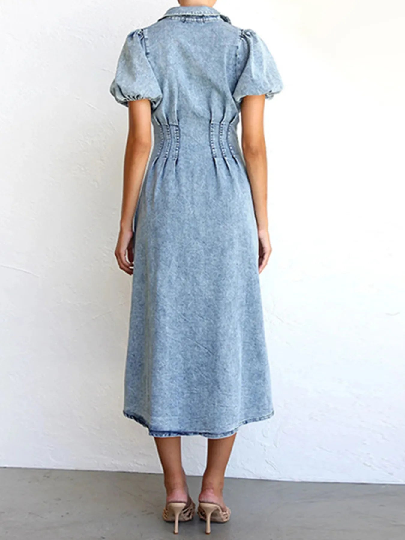 Puff Sleeve Button Front Denim Midi Dress - adritiX