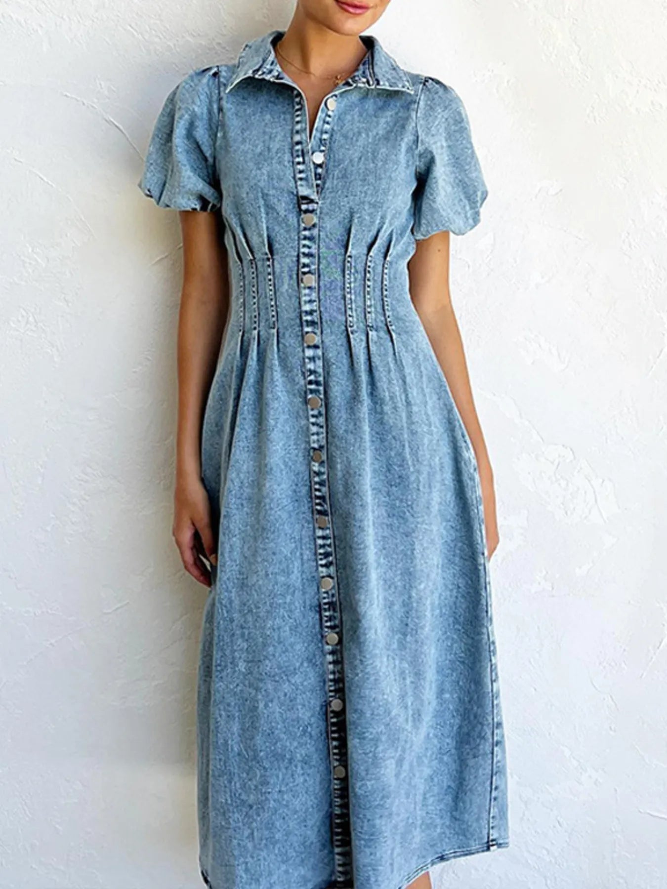 Puff Sleeve Button Front Denim Midi Dress - adritiX