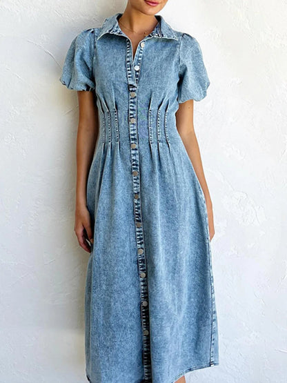 Puff Sleeve Button Front Denim Midi Dress - adritiX