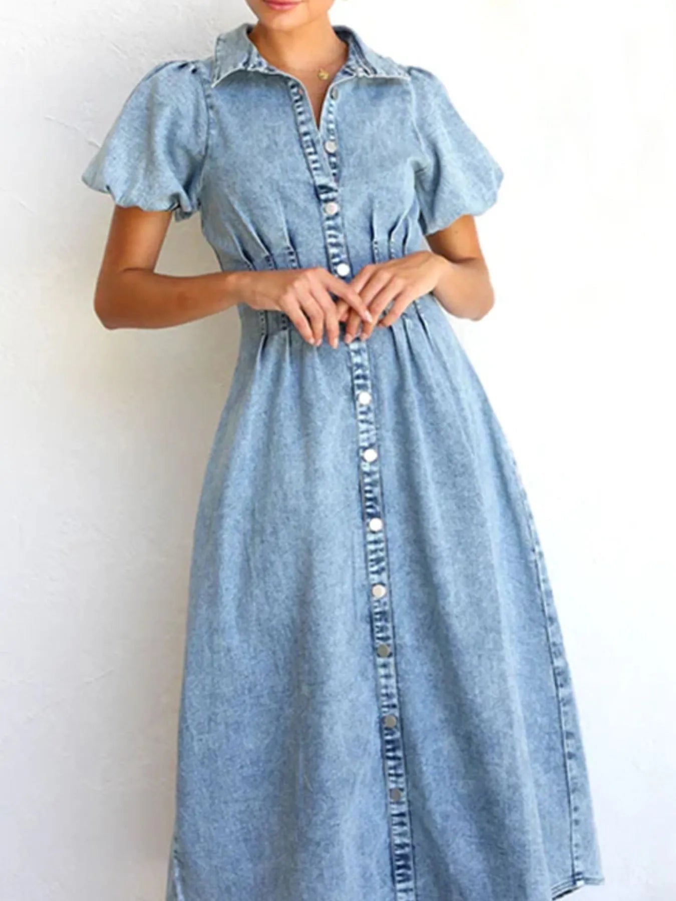 Puff Sleeve Button Front Denim Midi Dress - adritiX