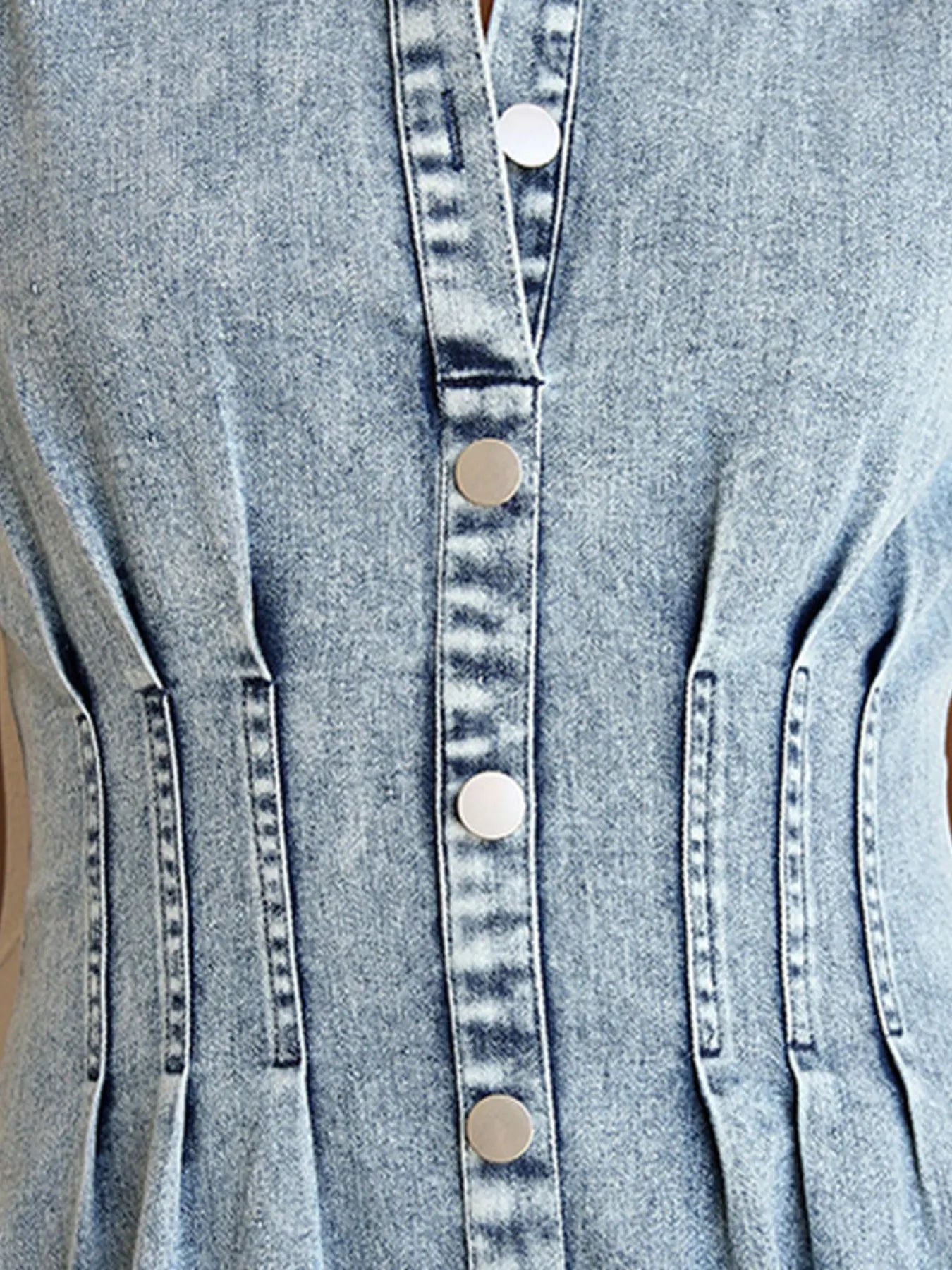 Puff Sleeve Button Front Denim Midi Dress - adritiX