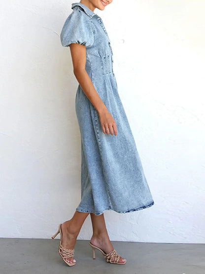 Puff Sleeve Button Front Denim Midi Dress - adritiX