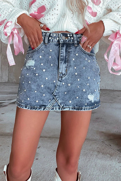 Rhinestone Distressed Denim Mini Skirt - adritiX