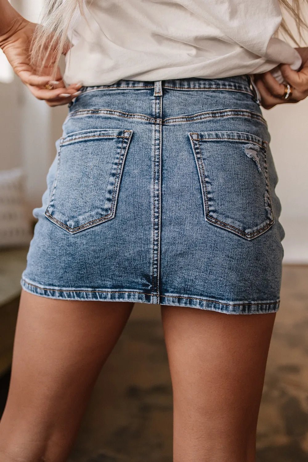 Rhinestone Distressed Denim Mini Skirt - adritiX