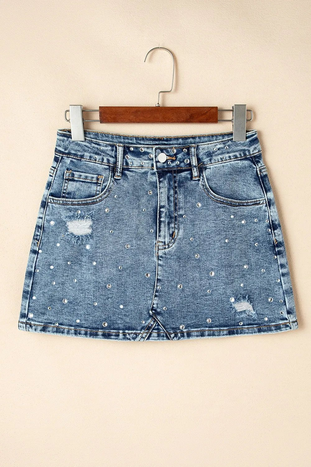 Rhinestone Distressed Denim Mini Skirt - adritiX