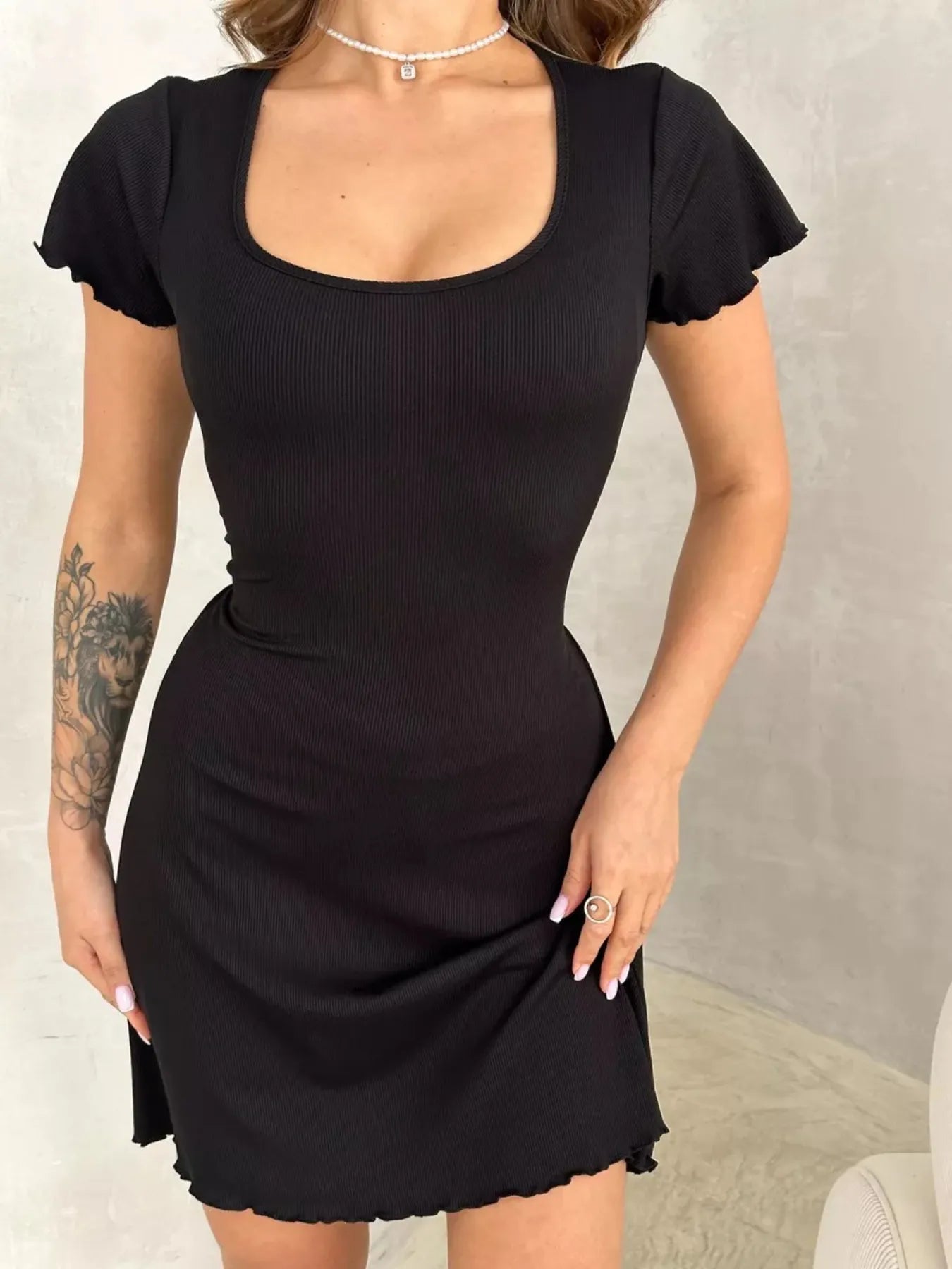 Ribbed Back Lace Up Short Sleeve Mini Dress - adritiX